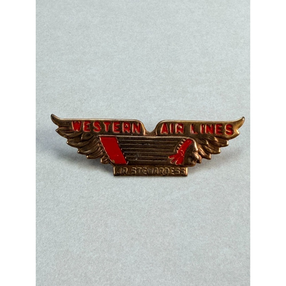 Vintage Western Airlines Stewardess Wings Pin Red Enamel Aviation Brooch Gold